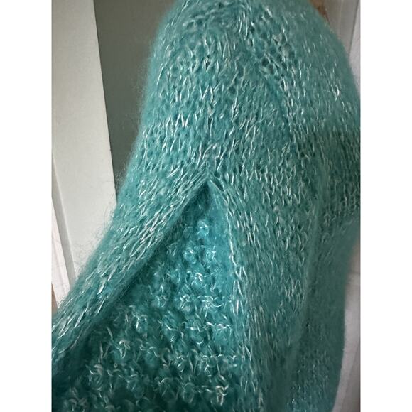 Vintage mohair Blend Sweater Woman Crew Blue Teal Turquoise White Wide Sleeves - Picture 10 of 16